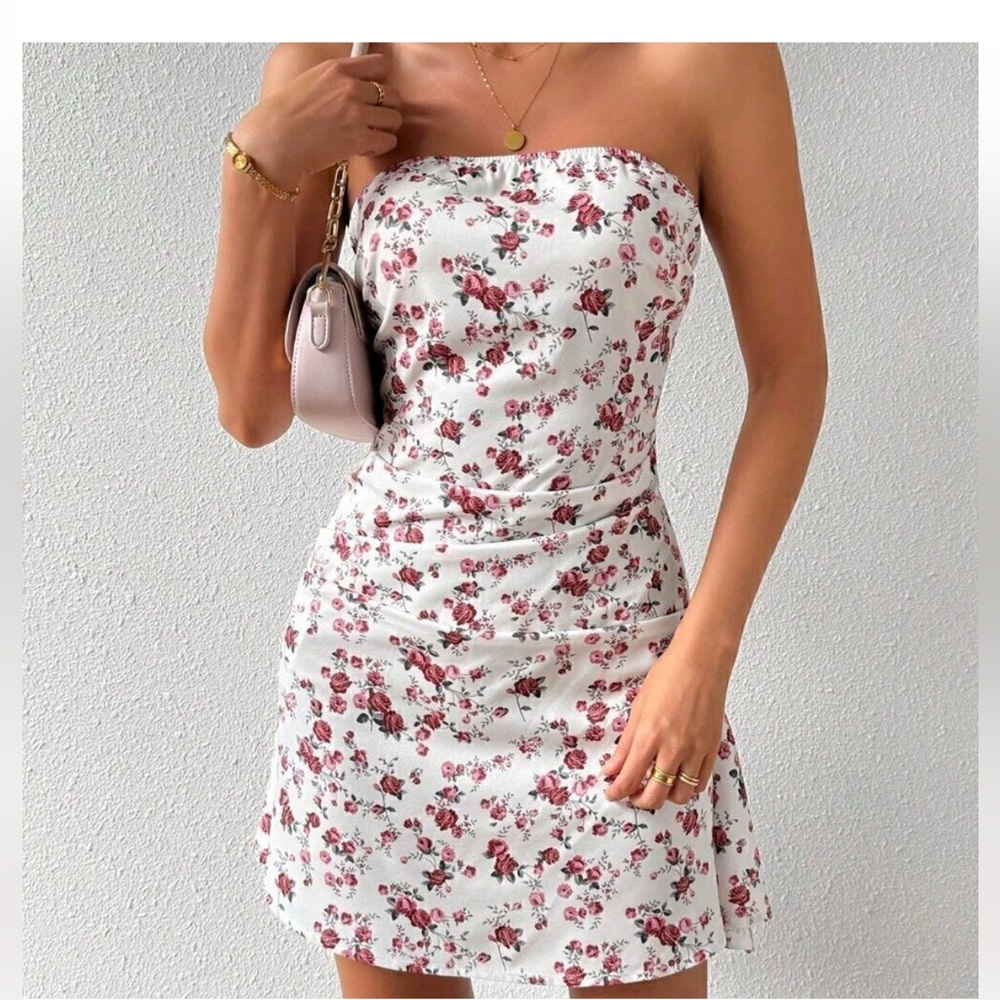 Summer Vacay Strapless Floral  Mini Dress White